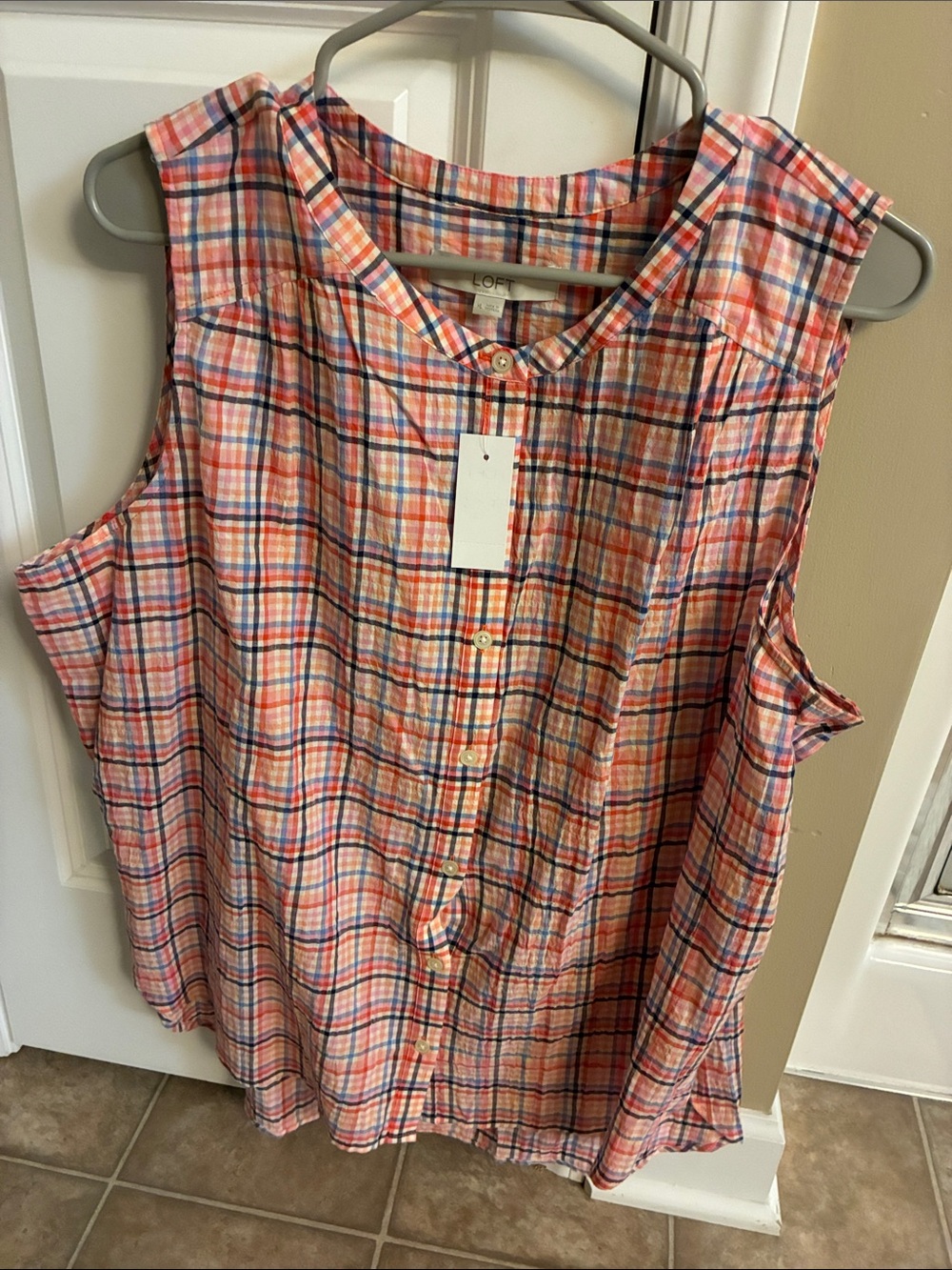 LOFT Coral Pink Plaid Sleeveless Button-Front Top